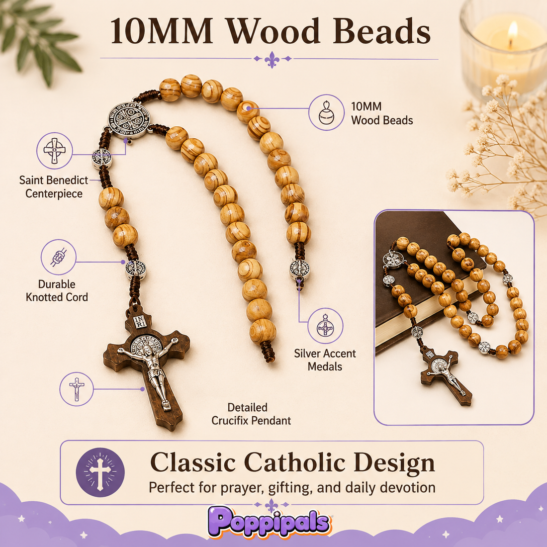Wood Bead Rosary Necklace